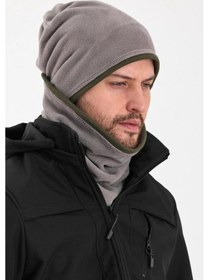 Resim Erkek Polar Dış Kaşkorse Pamuklu İç Kısım Çift Renk Çift Katman Katlanabilir Bere Boyunluk Takım - Standart / Gri-haki Gri-haki 