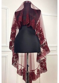 Resim Kinagecesimalzeme Bordo Flok Baskı Simli Gelin Duvak Kuşak Eldiven Set Kına Gecesi (526965372) 