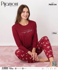 Resim Pijamoni Kadın Milan Bisiklet Yaka Uzun Kol İnce Pijama Takımı 7600/34 - 1 Adet Kırmızı 