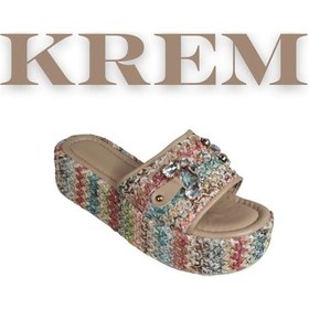 Resim Yazkış Kadın Hasır Renkli Dolgu Topuk Taşlı Terlik 001 