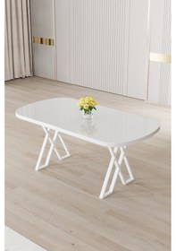 Resim Canisa Axton Serisi Sabit Mdf 90x168 Beyaz Mutfak Masa Takımı 4 Krem Sandalye Beyaz Masa Krem Sandalye 