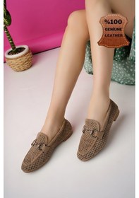 Resim Muggo Phuket Garantili Metal Tokalı Lazerli Nefes Alabilen Deri Kadın Loafer Günlük Ayakkabı VİZON 