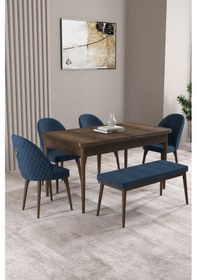 Resim Milas Barok Desen 80x132 Mdf Açılabilir Yemek Masası Takımı 4 Sandalye, 1 Bench Lacivert 