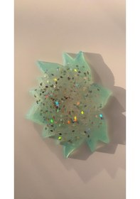 Resim Turkuaz Lotus Çiçeği Desen Gümüş Glitterli Epoksi Bardak Altlığı Turkuaz 