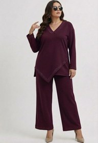 Resim Koza Butik Kadın Büyük Beden Truvakar Kol Asimetrik Kesim Taş Baskı Detaylı Eşofman Takımı 8247-26 
