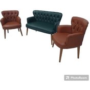 Resim Garden House Yeşil Tarçın Haki Taba Kahve Renk Deri Ahşap Ayaklı Kollu Ofis Koltuk Takımı Bekleme Büro Taba Yeşil 