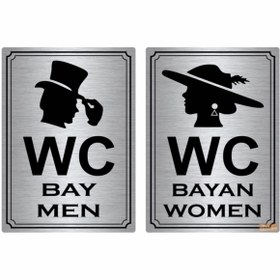 Resim Pelikan Reklam Wc Tuvalet Yönlendirme Tabelası Gümüş Renk 14cm X 19cm Arkası Yapışkanlı Bay Ve Bayan 