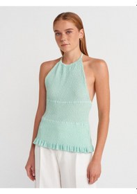 Resim Dilvin 10796 Halter Bağlamalı Yaka Fırfır Dokulu Triko Bluz-mint Mint 
