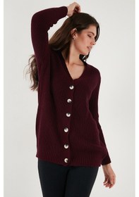 Resim Lela Regular Fit V Yaka Düğmeli Triko Örme Uzun Bayan Hırka 4615044 Bordo 