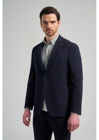 Resim İmza Çizgili Desen Gofreli Mono Yaka Esnek 6 Drop Slim Fit Ceket 1002250122 Koyu Lacivert 