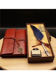 Resim Mobgift Hediyelik Taçlı Kuş Tüyü Divit Kalem Ve Özel Tasarım Retro Deri Defter Seti 