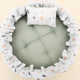 Resim Yuvarlak Babynest ve Yastık - Çift Taraflı - Mint Örgü - Kuş 