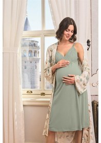 Resim Monamise Kadın Çiçek Ve Yaprak Desenli Dantelli Hamile Lohusa Sabahlık Takımı 24163 