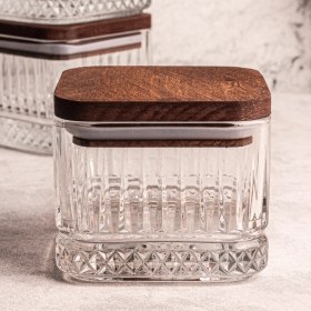 Resim Snippy Bella Kare 6'lı Ahşap Vakumlu Kare Kapaklı Cam Kahvaltılık Çok Amaçlı Cam Çerezlik 230 ml 