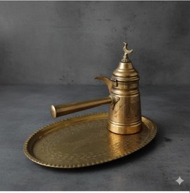 Resim Osmanlı Dönemi Bakır Türk Kahvesi Cezvesi Ve Tepsisi El İşçiliği Antika Set 