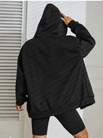 Resim Siyah 2 İp Örme Kumaş Kapüşonlu Fermuarlı Sweatshirt Siyah 