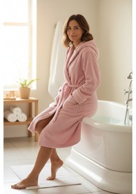 Resim % 100 Pamuklu Laodikeia Kapşonlu Unisex Kadın Erkek Bornoz Pembe 