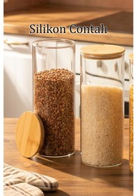 Resim Porsima 3-3 Bambu Vakumlu Kapaklı Yuvarlak Borosilikat Cam 3lü Kavanoz Seti Saklama Kabı 1650ml 10x25cm Cam - Şeffaf 