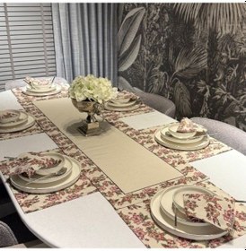 Resim Keten 6 Lı Rosa Desen 6 Amerikan Servis & 1 Runner 6 Peçete Çok Renkli 