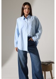 Resim Yeni Sezon Poplin Kumaş Çift Cepli Oversize Pamuklu Kadın Tunik Gömlek Mavi 