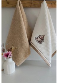 Resim 2 Li Mutfak Havlusu Bej Renk Kapuçino Fincanı Nakışlı Bej 