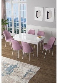 Resim Canisa Concept Zen Serisi 80x132 Mdf Açılabilir Beyaz Masa Takımı Ve 6 Pembe Sandalye Pembe Sandalyeler Beyaz Masa 