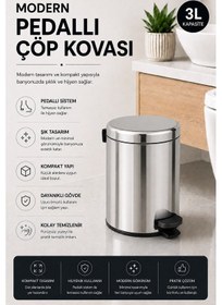 Resim Pedallı Çöp Kovası 3 Litre İç Kovalı Kapaklı Banyo Çöp Kutusu Krom - Elit 7003 