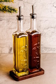 Resim Snippy Safir - 2'li Ahşap Standlı Cam Zeytinyağı Sıvıyağ Şişesi Yağdanlık Damlatmaz Yağlık Sirkelik 500ml Ahşap 