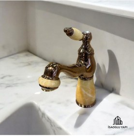 Resim İsaoğlu Yapı Bakır Lavabo Bataryası Bronz Bal Mumu Detaylı Mermer Tasarım Spiralli Uzayabilen Armatür Bakır 