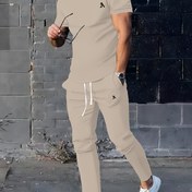 Resim Erkek Polyester Spor Takımı | Zarif Rahat Yuvarlak Yaka | 3D Baskılı Biraz Elastik Örgü Kemer | Düzenli Fit İki Parça Takım | Desenli Kısa Kollu T-Shirt ve Pantolon 