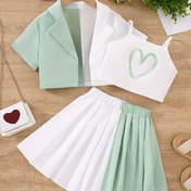 Resim 3 adet Çok Renkli Yaka Patchwork Küçük Takım Elbise Artı Aşk Küçük Askılıklar ve Renk Eşleştirme Pile Etek Moda Kızlar Takımı, Dış Mekanlar İçin Mükemmel 