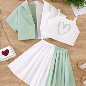 Resim 3 adet Çok Renkli Yaka Patchwork Küçük Takım Elbise Artı Aşk Küçük Askılıklar ve Renk Eşleştirme Pile Etek Moda Kızlar Takımı, Dış Mekanlar İçin Mükemmel 