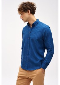 Resim Lacivert Dynamic Fit Düğmeli Yaka Çizgili Uzun Kollu Cepsiz %100 Pamuk Gömlek-16297 Lacivert 