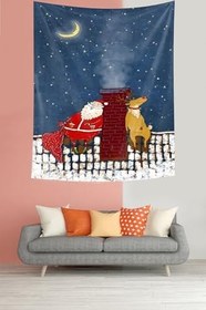 Resim Pelangi Yılbaşı Gecesi Geyik Ve Noel Baba Leke Tutmaz Kumaş Duvar Örtüsü Duvar Halısı Tapestry PNTR130, 70 x 70 