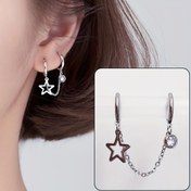 Resim Elegant Şirin Yıldız & Sallanan Küpeler, 304 Paslanmaz Çelik, Sentetik Zirkonya ile, Çift Düzen Piercing Tasarımı, Günlük ve Parti Olayları için, Noel Sezonu Takı 