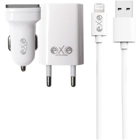 Resim Exe Technology Exe 3in1a Çift Usb Araç Ve Ev Şarj Aleti Seti Lightning Kablolu 