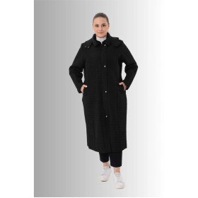 Resim Büyük Beden Siyah Renkli Kapşonlu Uzun Kapitone Mont Siyah 