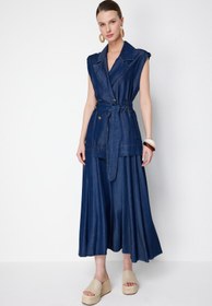Resim Beli Manşet Midi Boy Kloş Etek - İndigo / M 