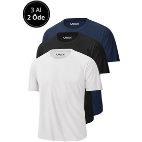 Resim Erkek 3'lü Paket %100 Pamuk Slim Fit Sporcu Tişört Basic Bisiklet Yaka Kısa Kollu T-shirt Lacivert 