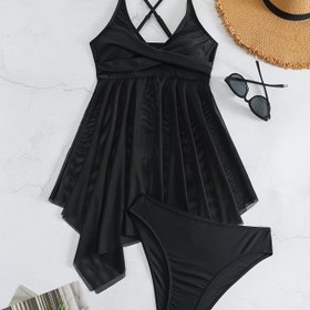 Resim Basit Ağ Kontrastlı Çapraz Etekli 2 Parçalı Bikini Takımı, Plaj Havuzu Banyo için Scoop Boyun Spagetti Askı Twist Düz Renk Mayo, Kadın Mayo ve Giyim Sevgililer Günü 