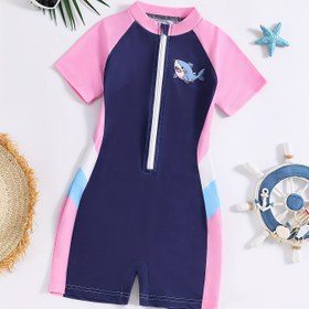 Resim Kızlar için Köpekbalığı Desenli Mayo - Esnek Dar Kesim Kısa Kollu Ön Fermuarlı ve Cep Detaylı, Deniz Tatili, Havuz, Yazlık Havuz Giyimi, Köpekbalığı Havuz Giyimi, Hızlı Kuruyan Kumaş 