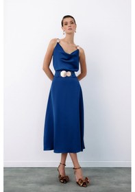 Resim Sateen Kemer Aksesuarlı Kloş Etek - Lacivert-135073 Lacivert 