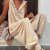 Resim Chic 1771/SE Kadın Kolsuz Jumpsuit Kapüşonlu - Bej, Düğmeli Ön, İlkbahar/Yaz Uzun Pantolon, Rahat Romper|Kolsuz Kıyafet|Düğmeli Jumpsuit 