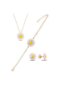 Resim Çekirdekjewelry 925 Ayar Gümüş Rose Papatya Kolye Bileklik Küpe Seti Sarı Mineli Çiçek Takım Pembe 