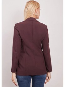 Resim Kadın Düğme Detaylı Uzun Kol Şık Ofis Süs Cep Kapaklı Kumaş Blazer Ceket-mürdüm Mürdüm 