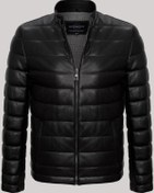 Resim Hakiki Kuzu Derisi Siyah Erkek Deri Mont Dik Yaka Şişme Deri Ceket Siyah 