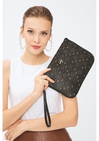 Resim Deri Company Kadın Basic Clutch Çanta Monogram Desenli Siyah Taba 214002 Siyah 