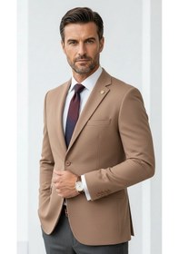 Resim Plus Scorpion Erkek Slim Fit Çift Düğme Çift Yırtmaçlı Blazer Ceket Premium Dokulu Kumaş Taba 