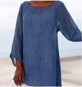 Resim Büyük Beden Düzensiz Etek Uçlu Ve O Yaka Keten Tunik Üst Mavi 