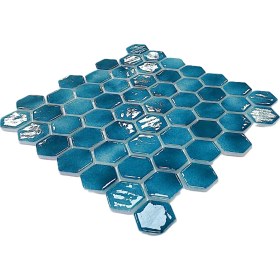 Resim MozaiKristaL Mutfak Tezgah Arası, Havuz, Banyo, Sauna, Spa, ve Yaşam Alanlarının Tüm Yüzeyleri İçin. Hegzagonal 38MM P. Turkuaz 29X29 Cm. Fileli Cam Mozaik. ( 1 M2 Fiyatıdır ) 